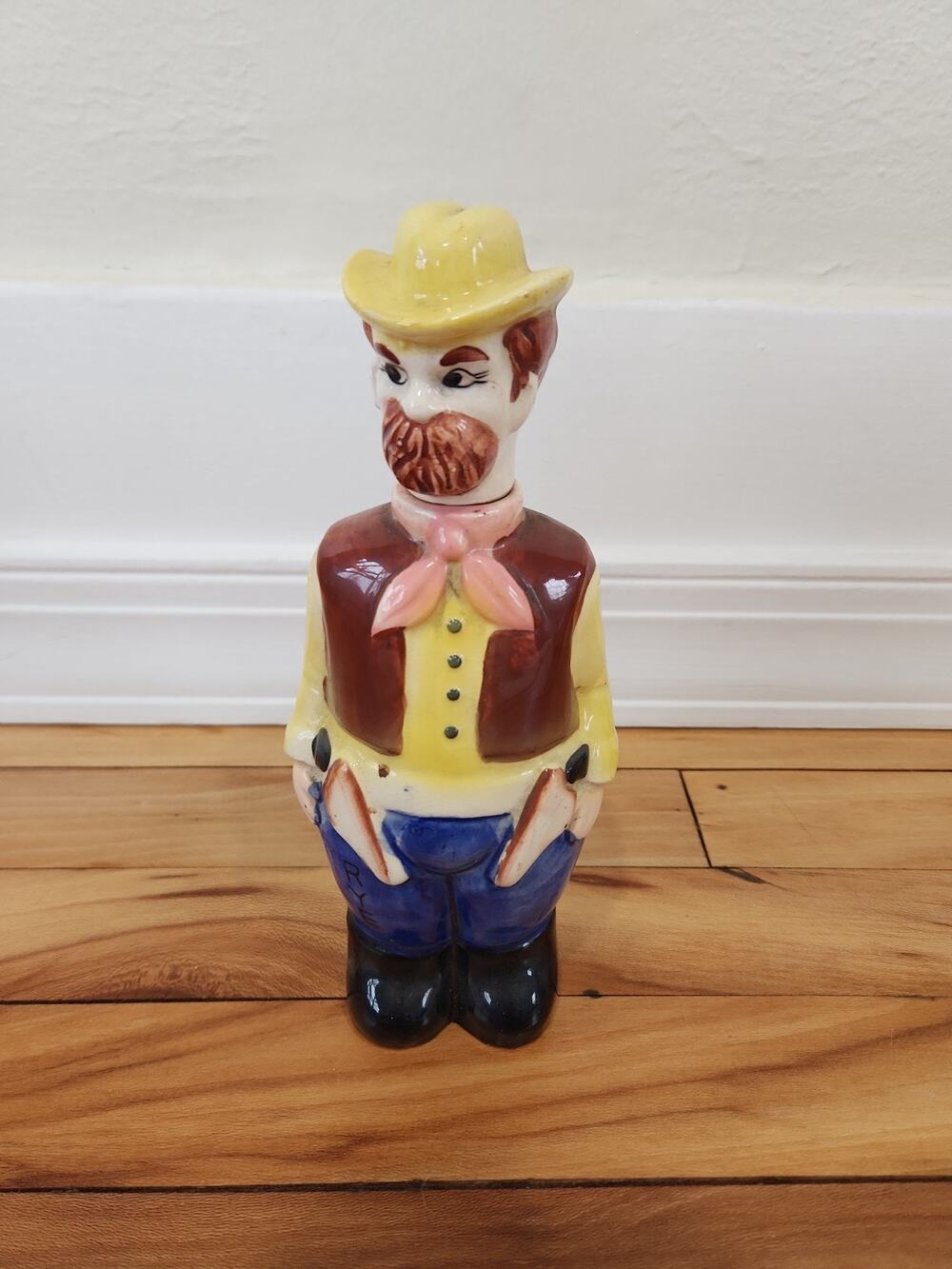 Whiskey Decanter Cowboy Sheriff Vintage Glass Cork Broke in Decanter Made JAPAN